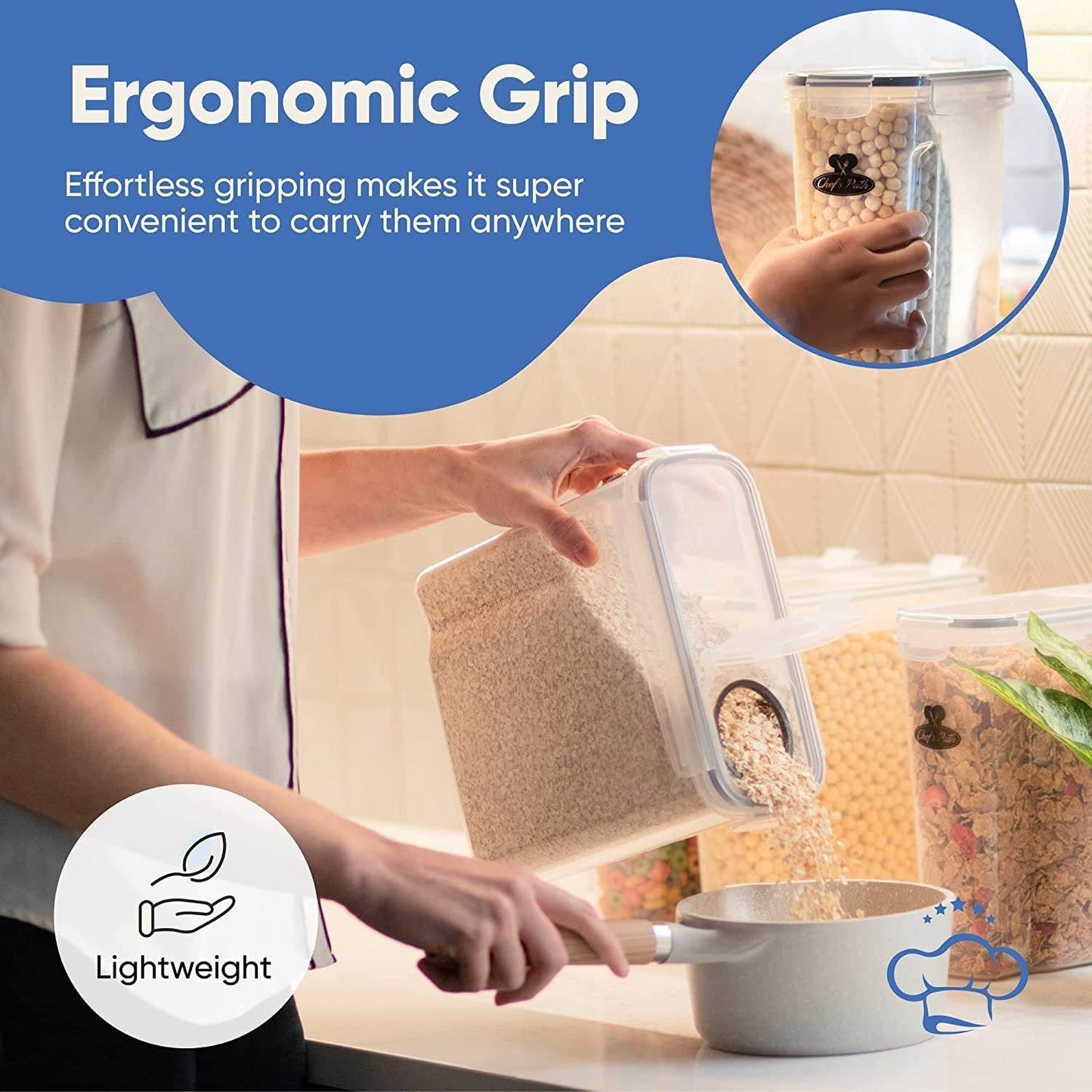 Airtight food storage container set with ergonomic grip pouring cereal in kitchen, lightweight and stackable BPA-free containers for pantry organization
