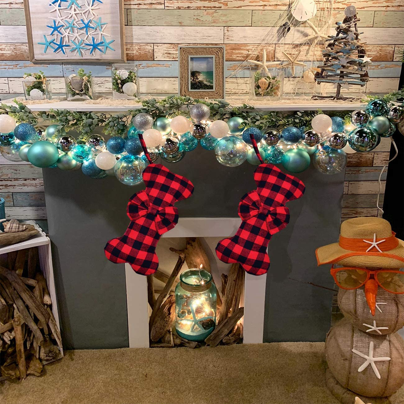 Pet Dog Christmas Stockings Classic Buffalo Red Black Plaid Large Bone Shape Hanging Christmas Stocking for Dogs Pets