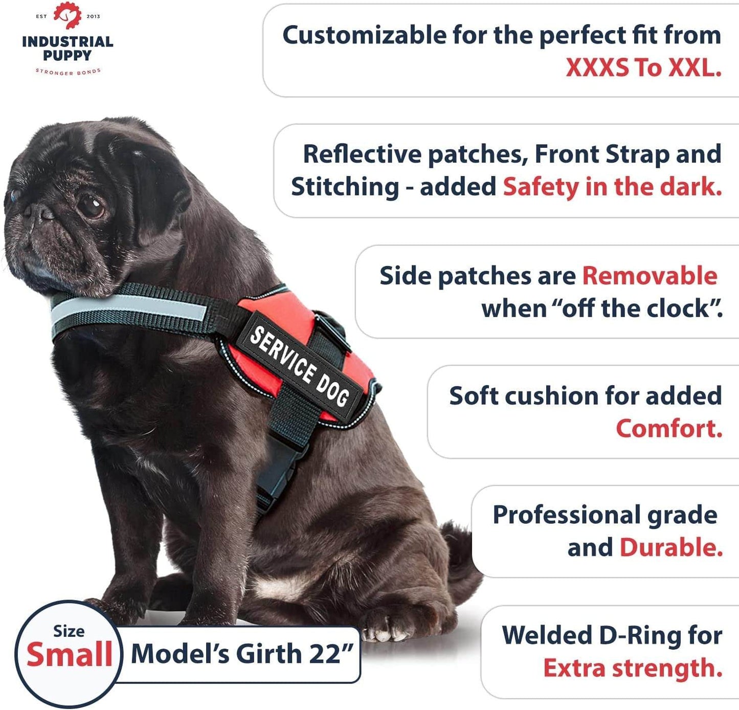 Black pug wearing a red small service dog vest with reflective straps, removable patches, soft cushioning, and welded D-ring, designed for durability and comfort