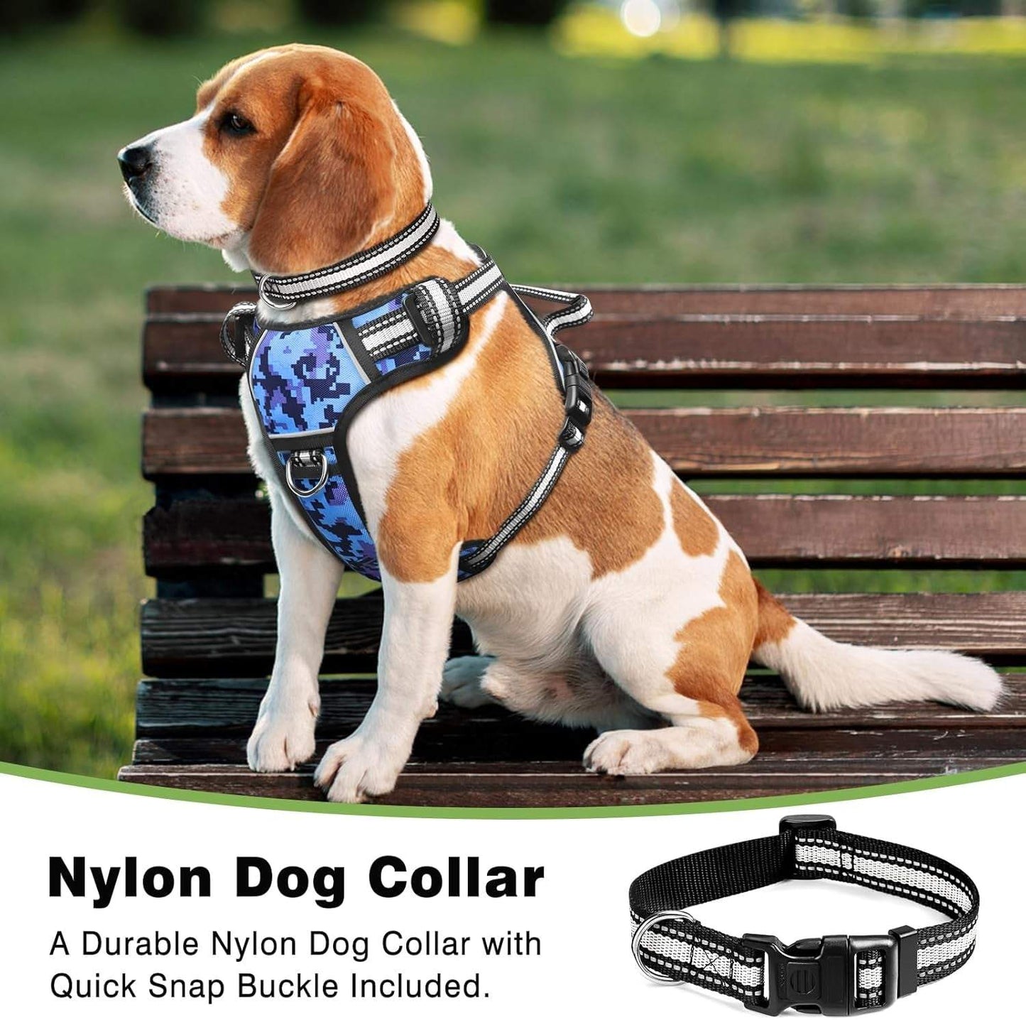 Beagle wearing blue digital camo no-pull dog harness with adjustable reflective straps and matching nylon dog collar sitting on a park bench outdoors.