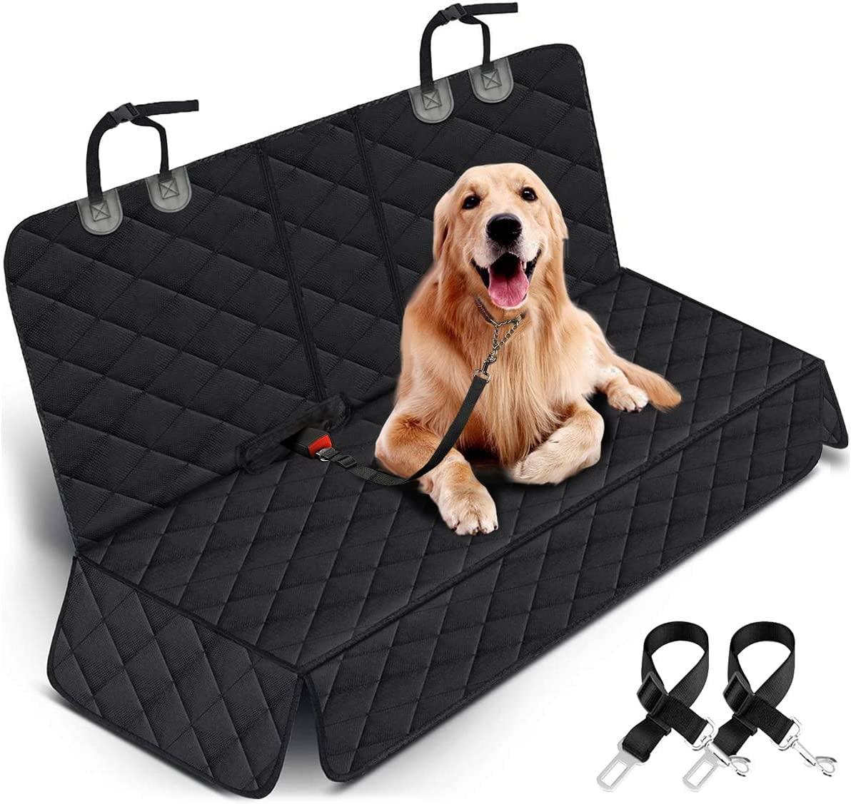Black waterproof dog car seat cover with adjustable straps and non-slip backing protecting car back seat with a golden retriever sitting on it