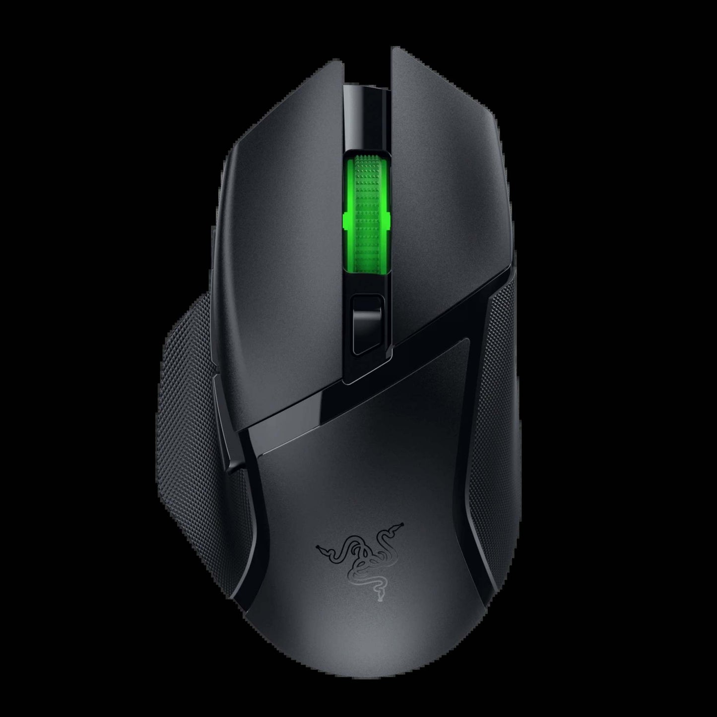 Basilisk V3 X black wireless gaming mouse with green RGB scroll wheel and ergonomic design