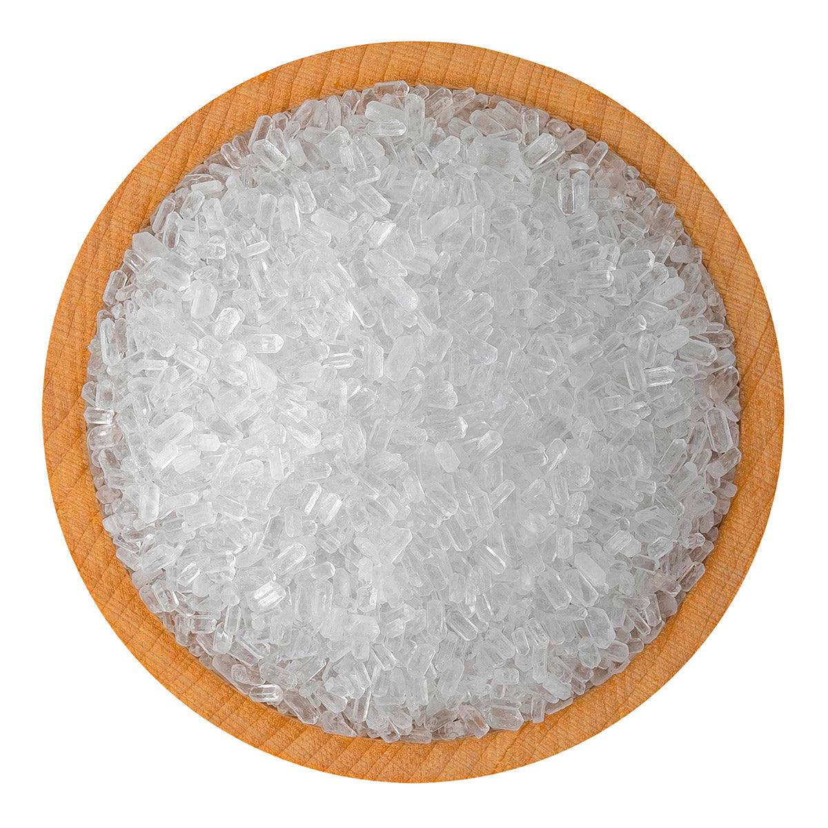 Ultra Epsom Unscented Bath Salt medium grain crystals in a wooden bowl for soothing muscle relief and spa baths, 18-pound bag.