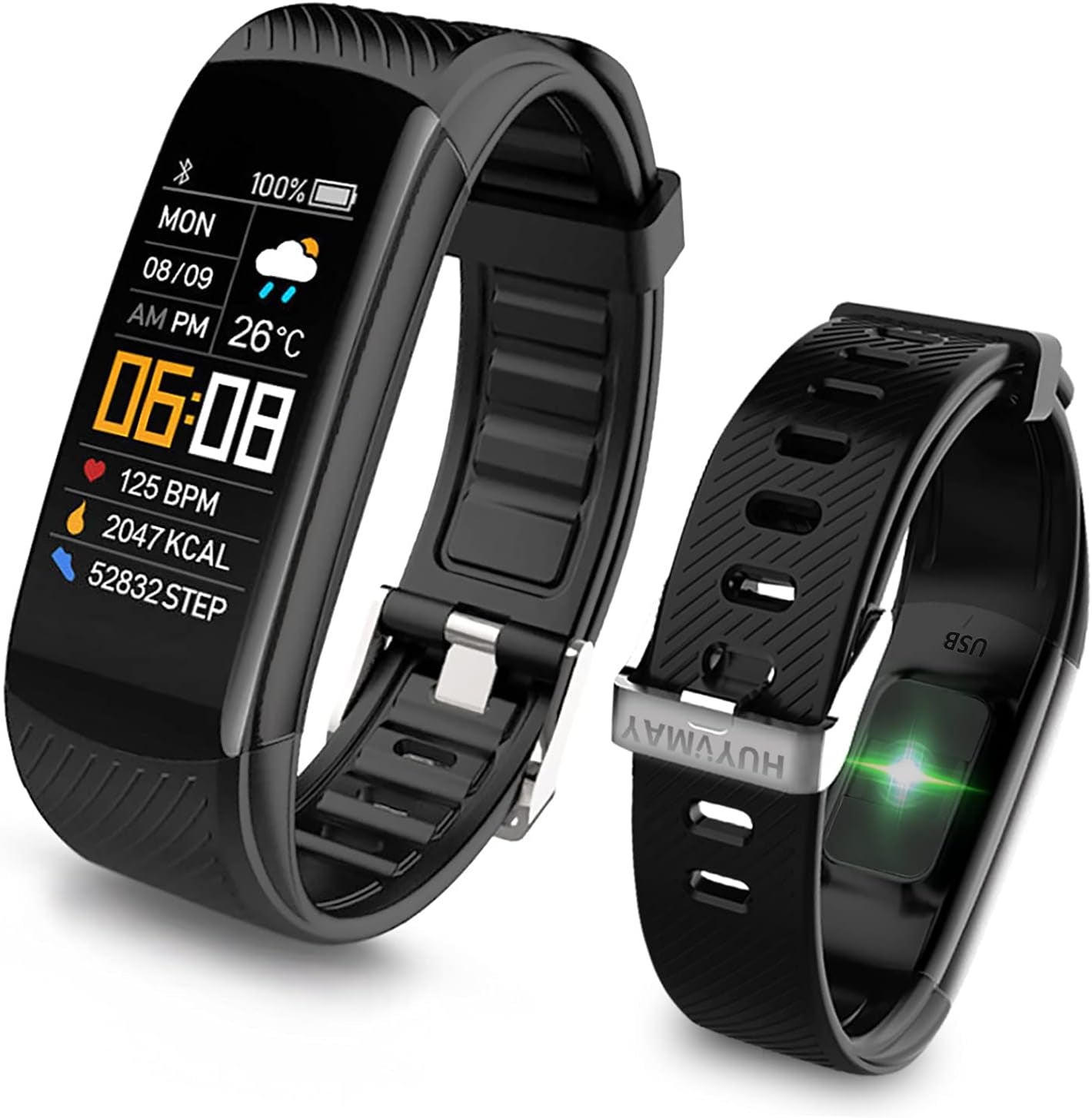 Black fitness tracker smart watch with heart rate monitor, step counter, call and message notifications, and waterproof design.