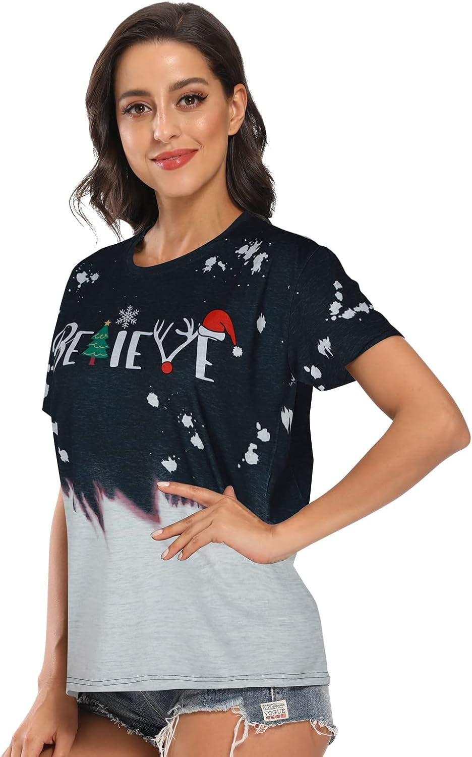 Christmas Shirt for Women Believe Letter Print T Shirts Asual Retro Holiday Short Sleeve Pullover Tops Xmas Gift