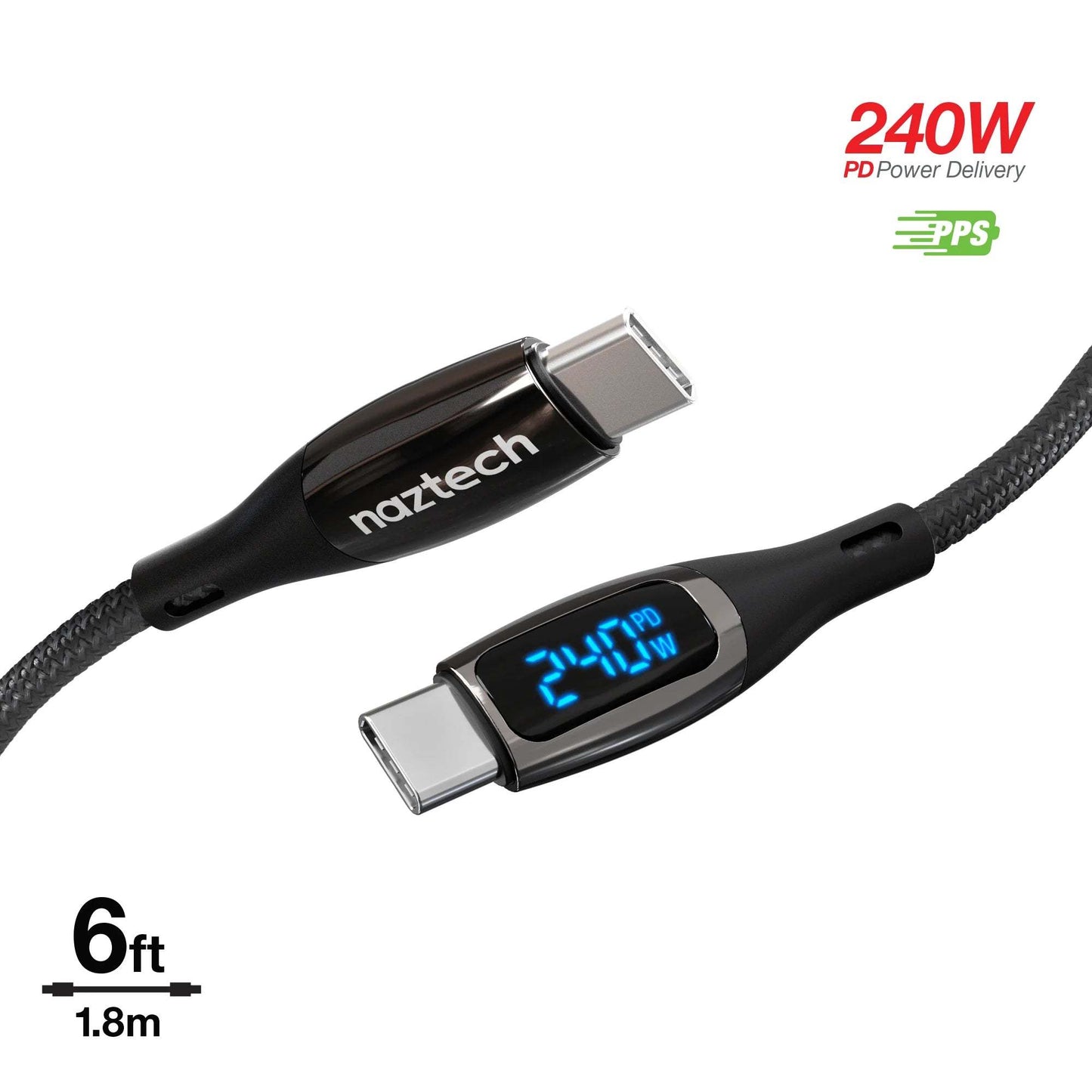 Naztech DigiWATT USB-C to USB-C 6ft cable with LED digital wattage meter and 240W power delivery