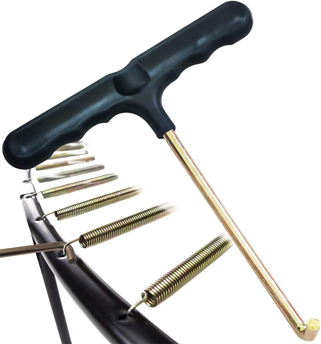 Black trampoline spring pull tool with T-handle and metal hook for easy spring installation and removal