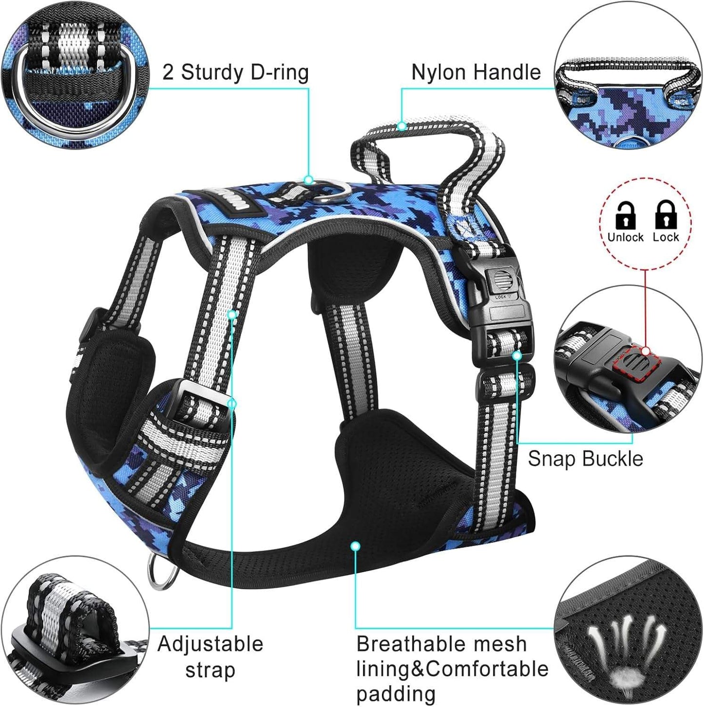 Adjustable no-pull dog harness with breathable mesh, reflective straps, sturdy D-rings, nylon handle, and secure snap buckle in blue digital camo pattern.