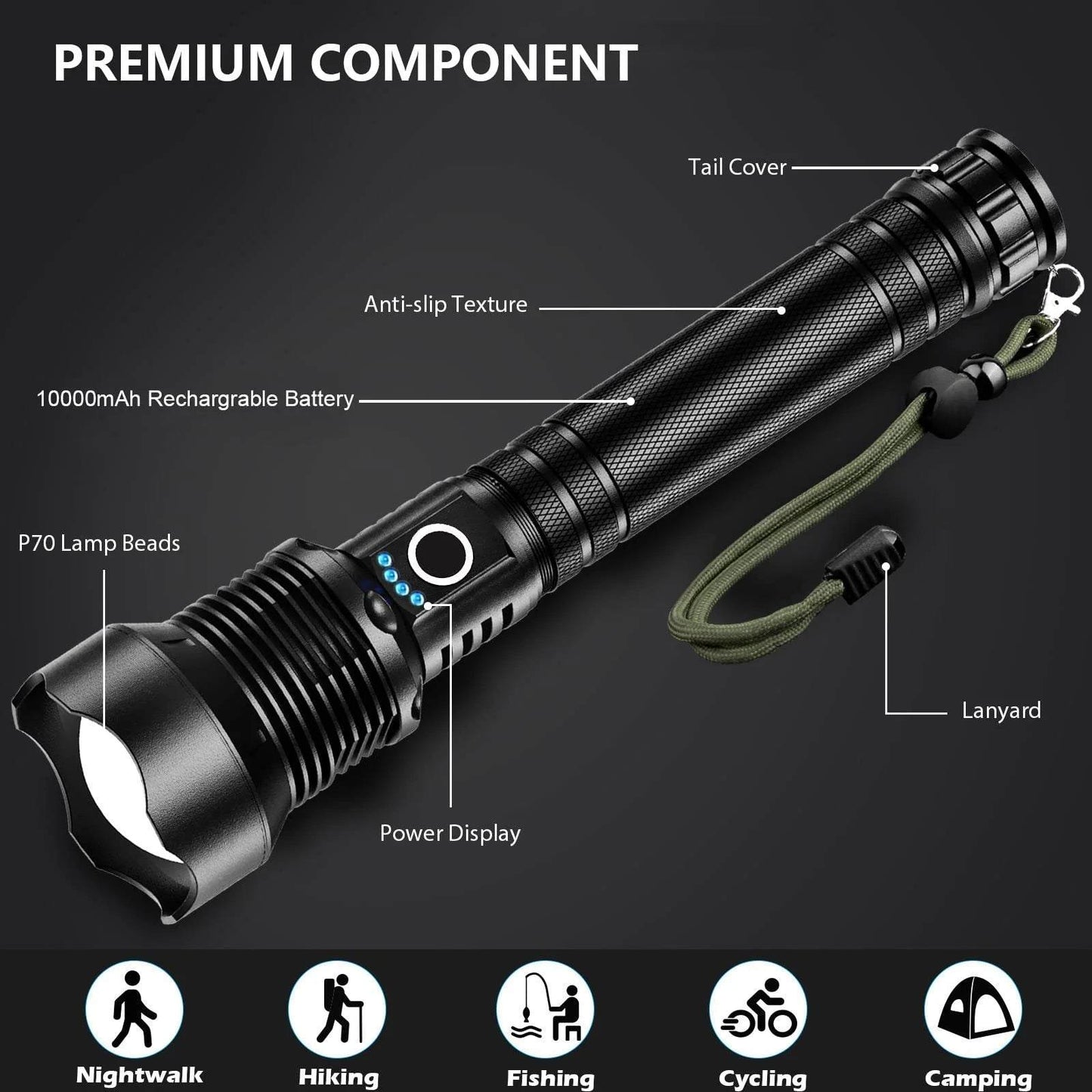 990000 lumens powerful rechargeable waterproof tactical LED flashlight with USB zoom and multiple modes for outdoor activities