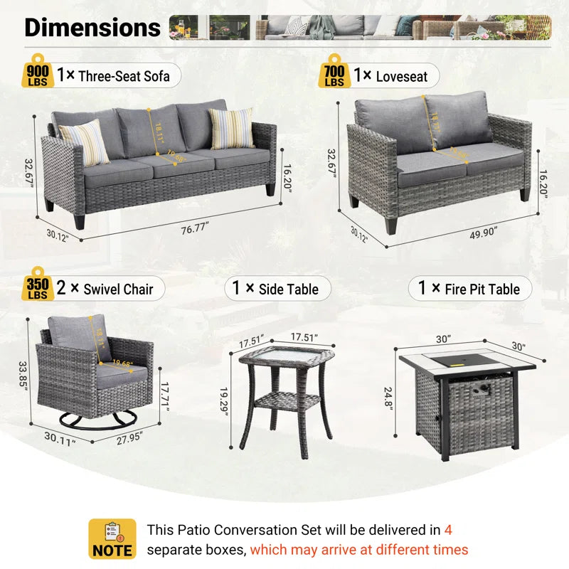 Lovall Rattan Wicker 7 - Person Seating Group with Fire Pit and Cushions