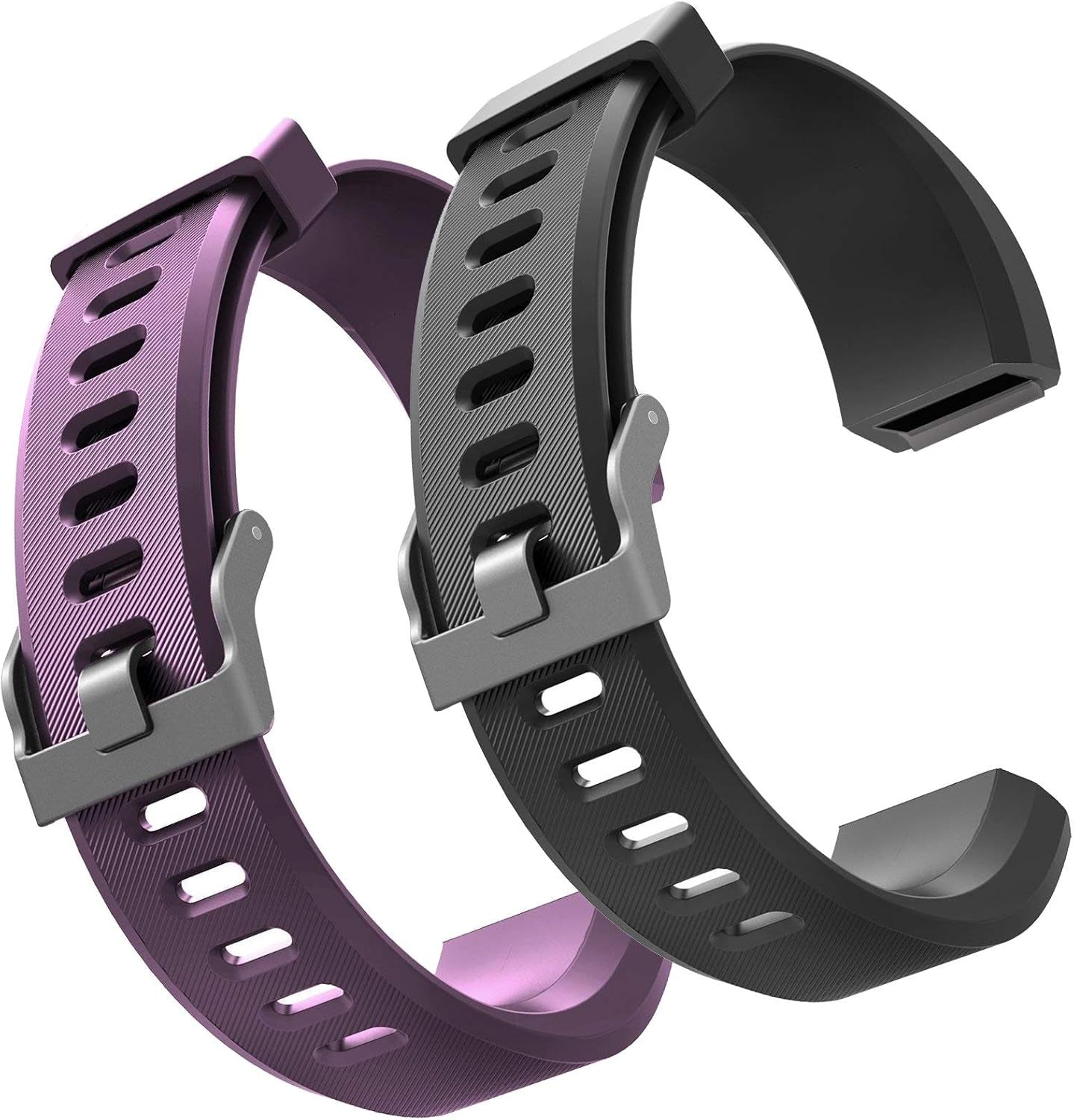 Replacement silicone straps in purple and black for Id115Plus HR fitness trackers with stainless steel buckles