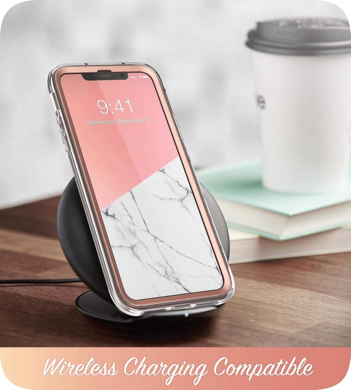 iPhone 11 Pro Max in slim Cosmo Series marble protective case with built-in screen protector on wireless charger
