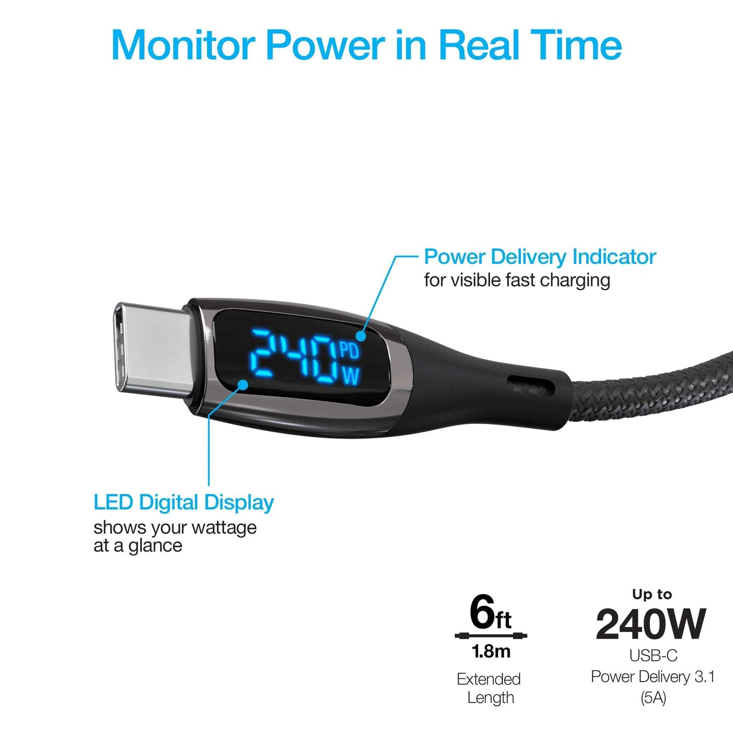 Naztech DigiWATT USB-C cable with LED digital wattage display, 6ft braided cable supporting up to 240W USB-C Power Delivery.