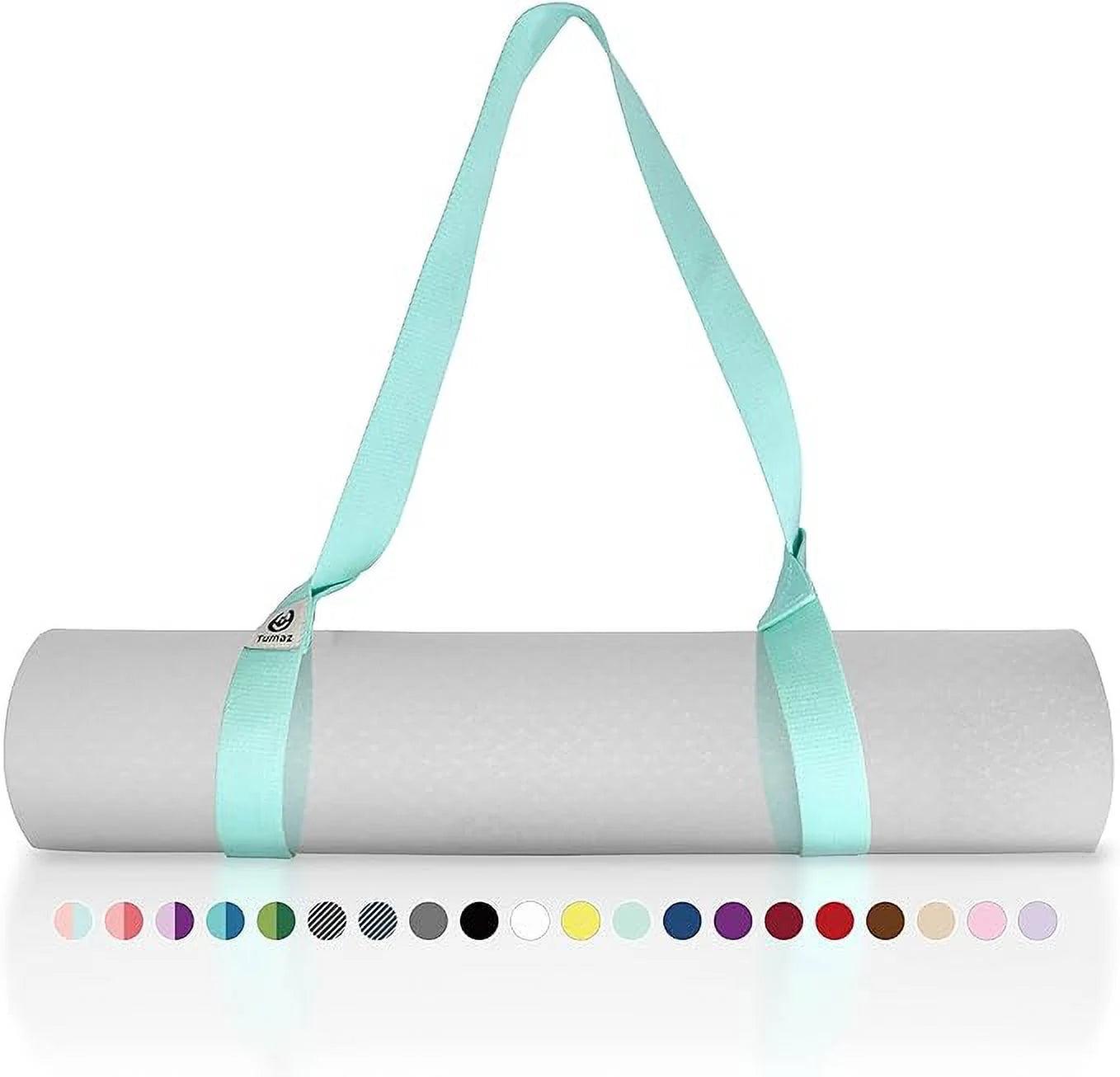 Turquoise adjustable yoga mat holder strap made of soft, durable polyester cotton for comfortable carrying and stretching.
