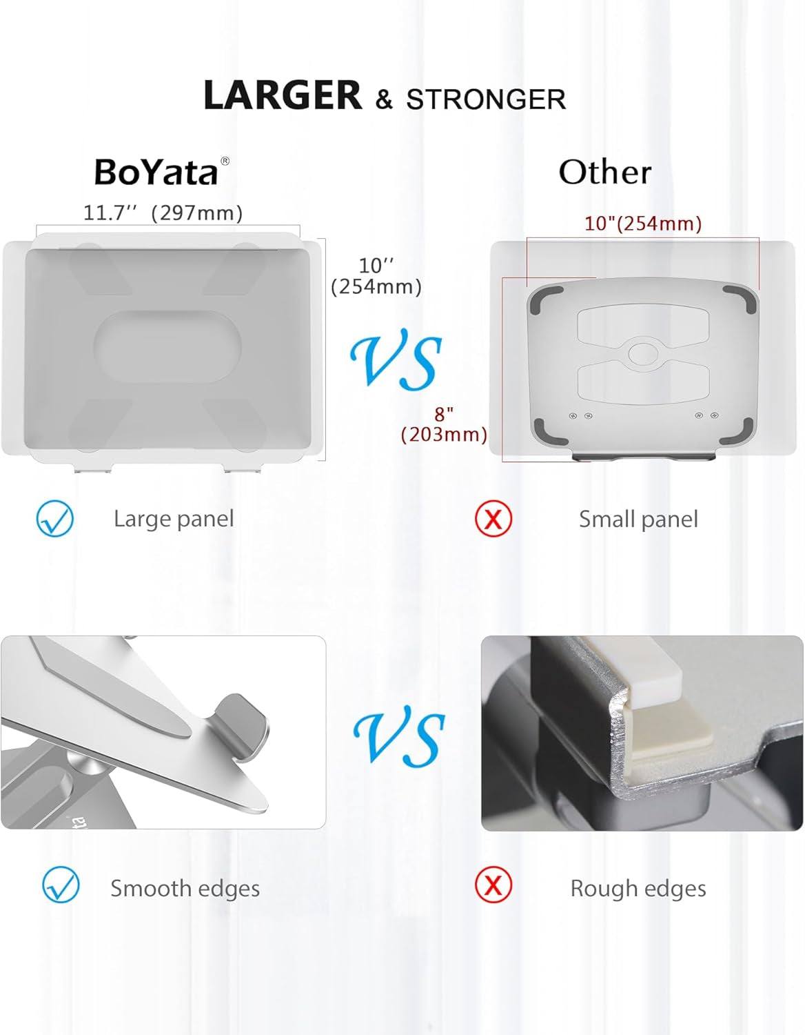 Comparison of BoYata laptop stand with larger smooth-edged panel versus smaller rough-edged panel of other stand