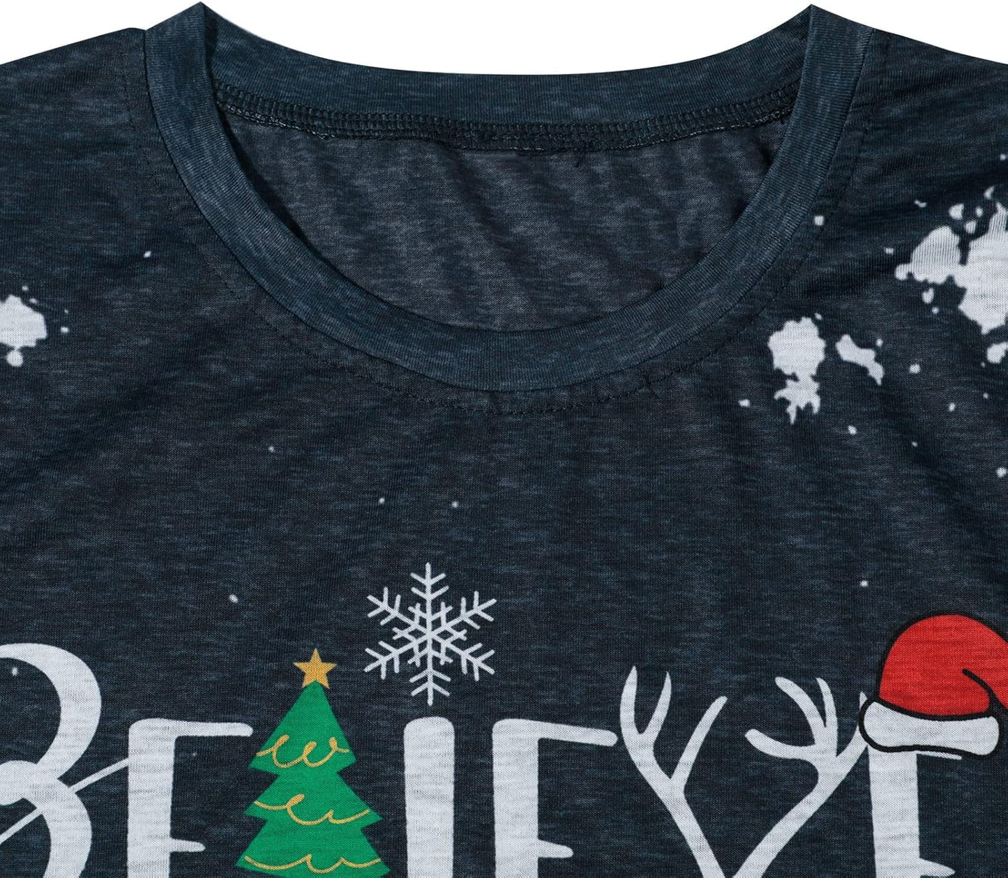 Christmas Shirt for Women Believe Letter Print T Shirts Asual Retro Holiday Short Sleeve Pullover Tops Xmas Gift