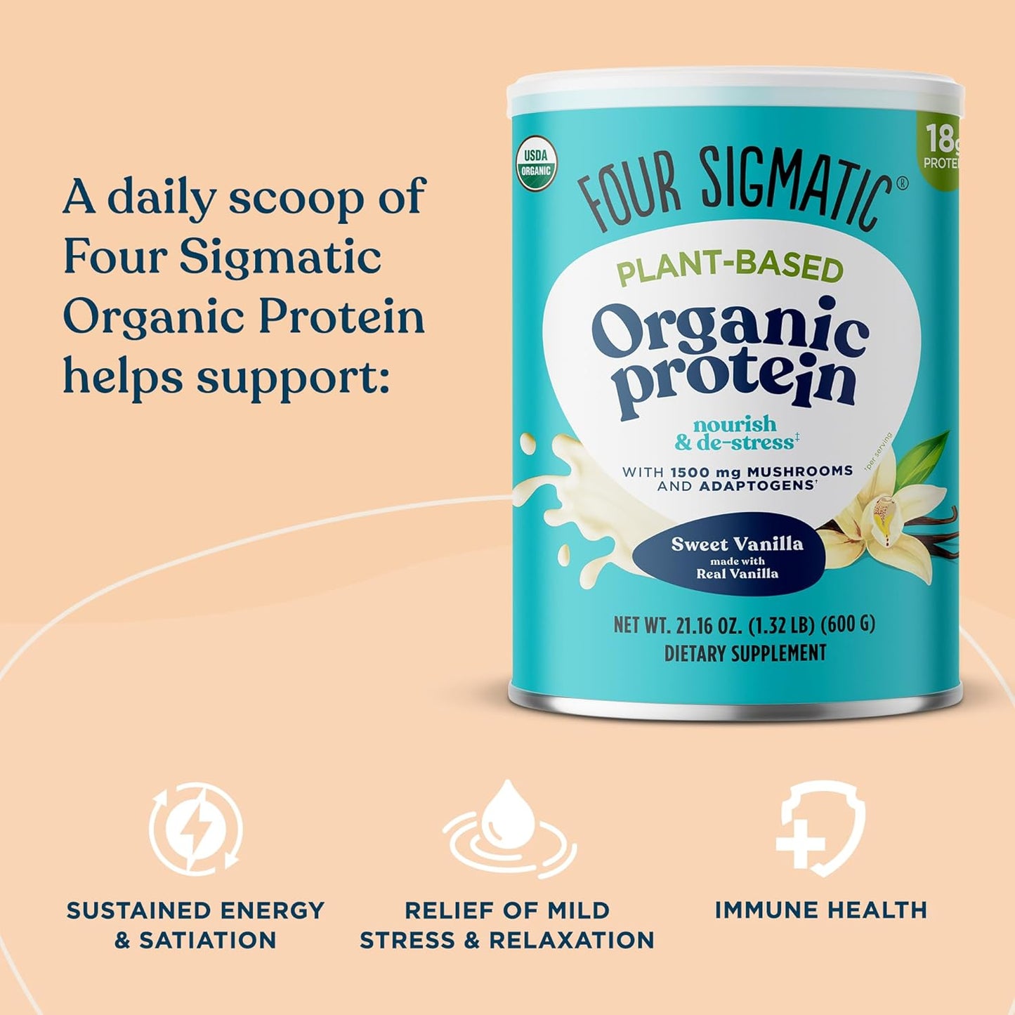 Organic Vegan Protein Powder | 18G Plant-Based Protein per Serving | Gluten Free, Dairy Free, Soy Free, Non-Gmo with No Filler Ingredients | 21.16Oz, 15 Servings | Sweet Vanilla