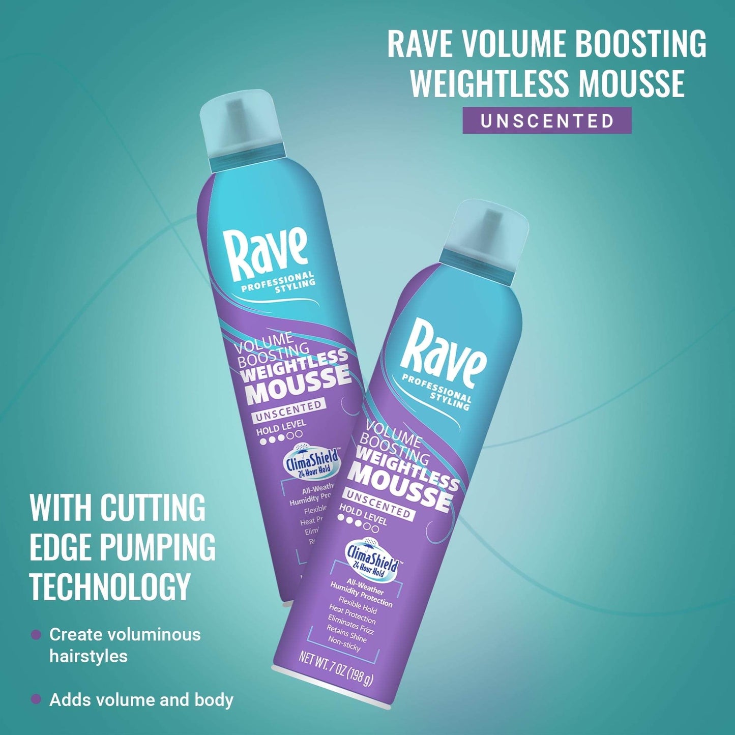 Two cans of Rave Volume Boosting Weightless Mousse unscented for all hair types with cutting-edge pumping technology on blue background