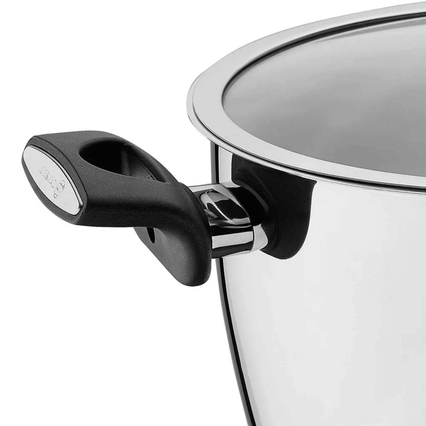 Korkmaz Nora 2L stainless steel casserole with lid and black bakelite handle close-up view