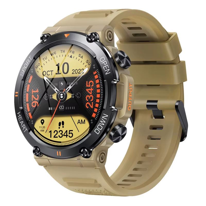 K56Pro Smart Watch for men with 1.39 inch 360x360 HD screen, heart rate, blood pressure, Bluetooth, sport tracking, beige strap, and long 400mAh battery standby.