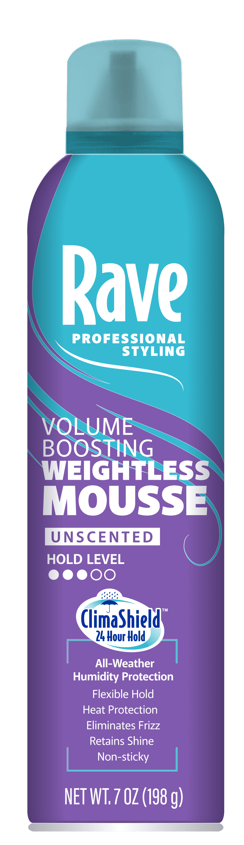 Rave Professional Styling Volume Boosting Weightless Mousse, unscented, for all hair types, 7 oz bottle
