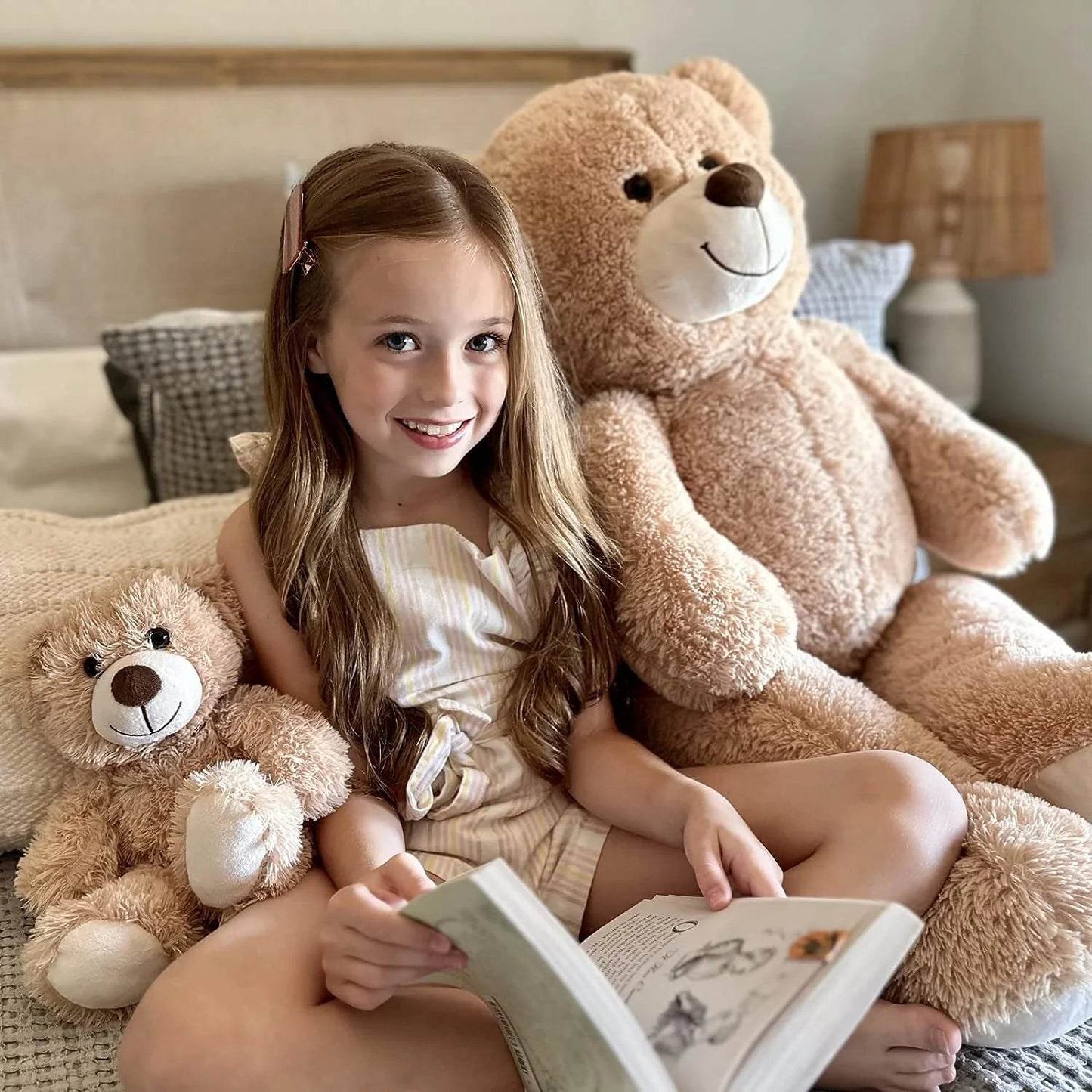 39-inch giant brown mommy and baby teddy bear plush stuffed animals with a smiling face, shown with a young girl reading a book.