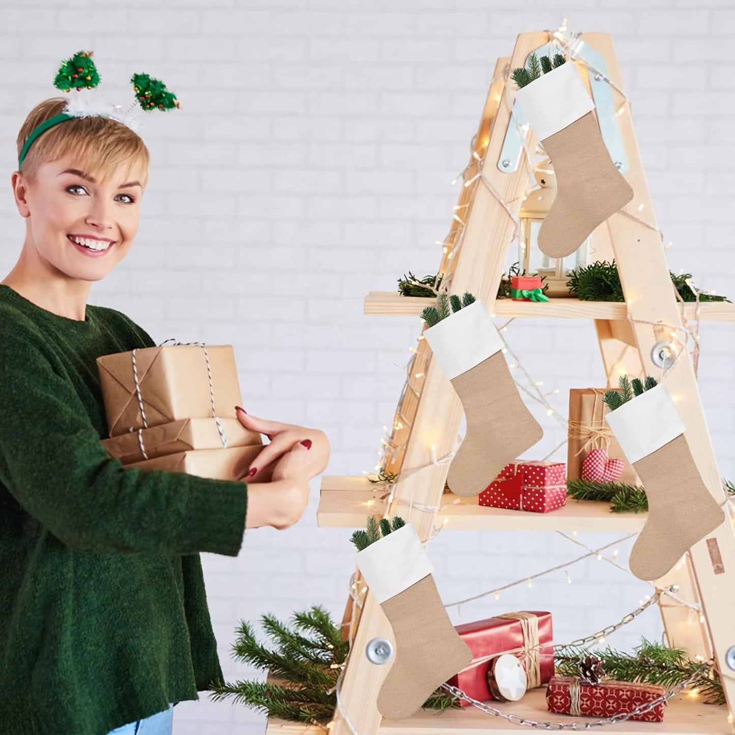 18" Burlap Christmas Stockings for Holiday Decor Plain,Pack 8