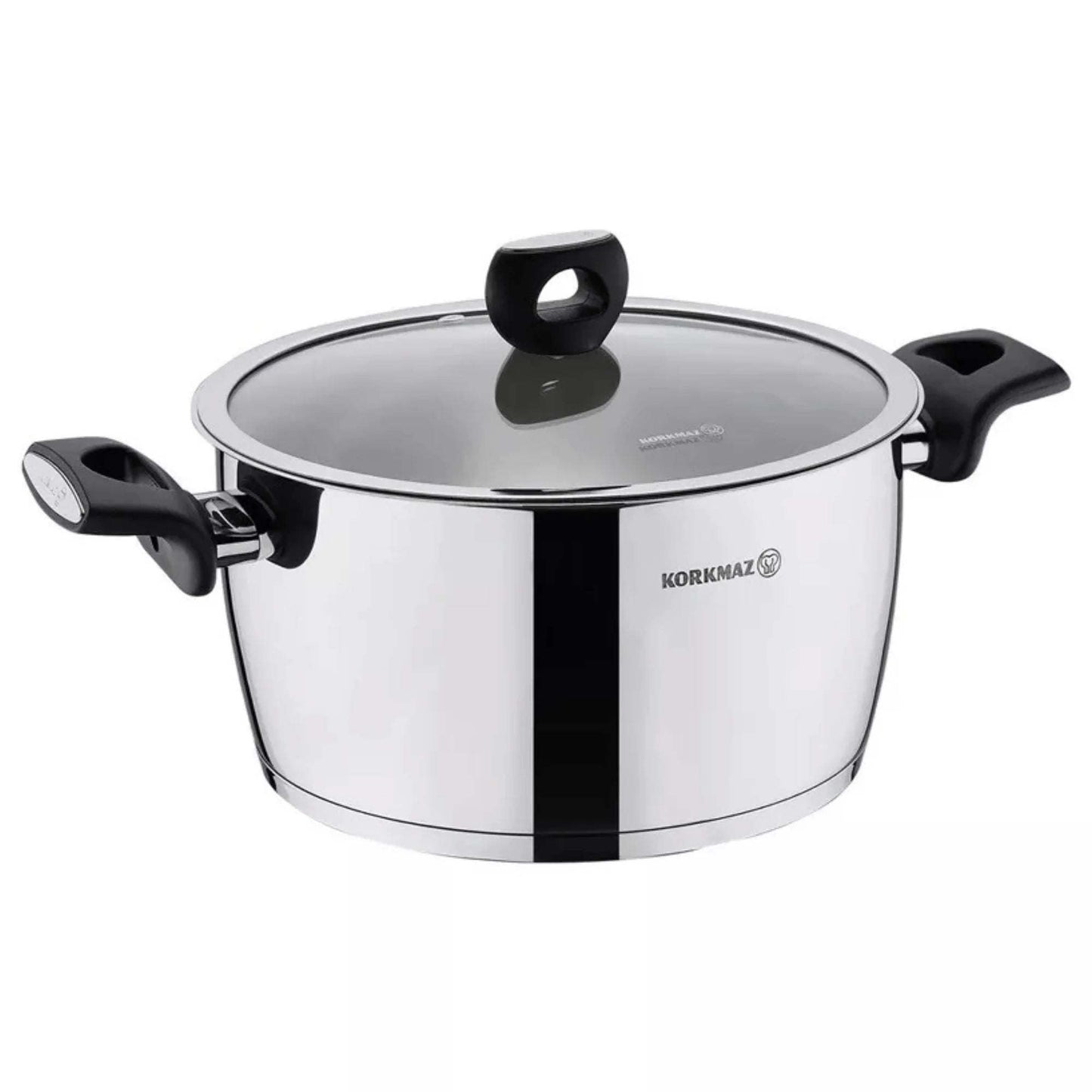 Korkmaz Nora 2L stainless steel casserole with glass lid and black bakelite handles