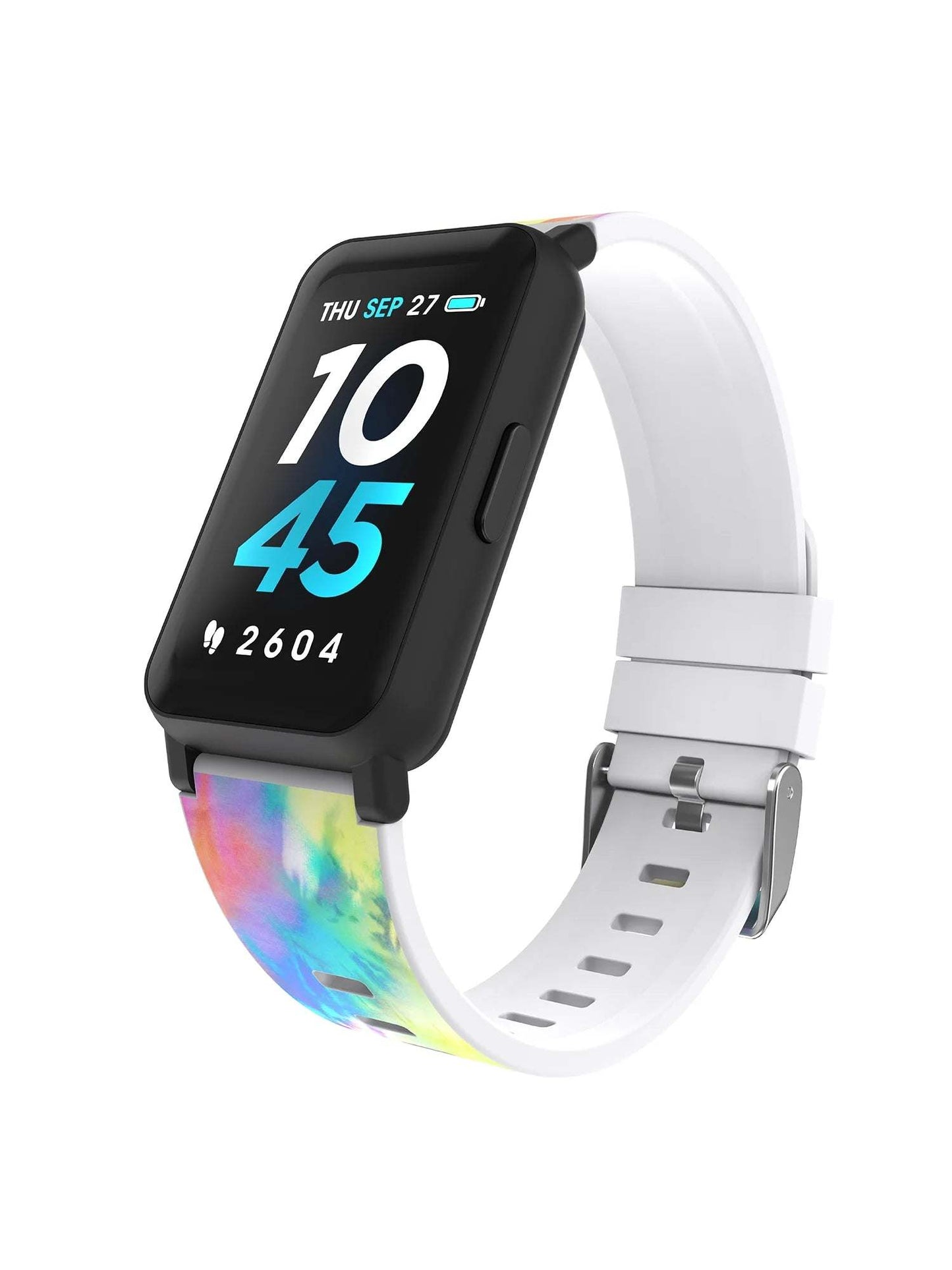 Active 3 Unisex Adult Smartwatch Fitness Tracker with tie dye silicone strap and rectangular LCD display showing time and steps