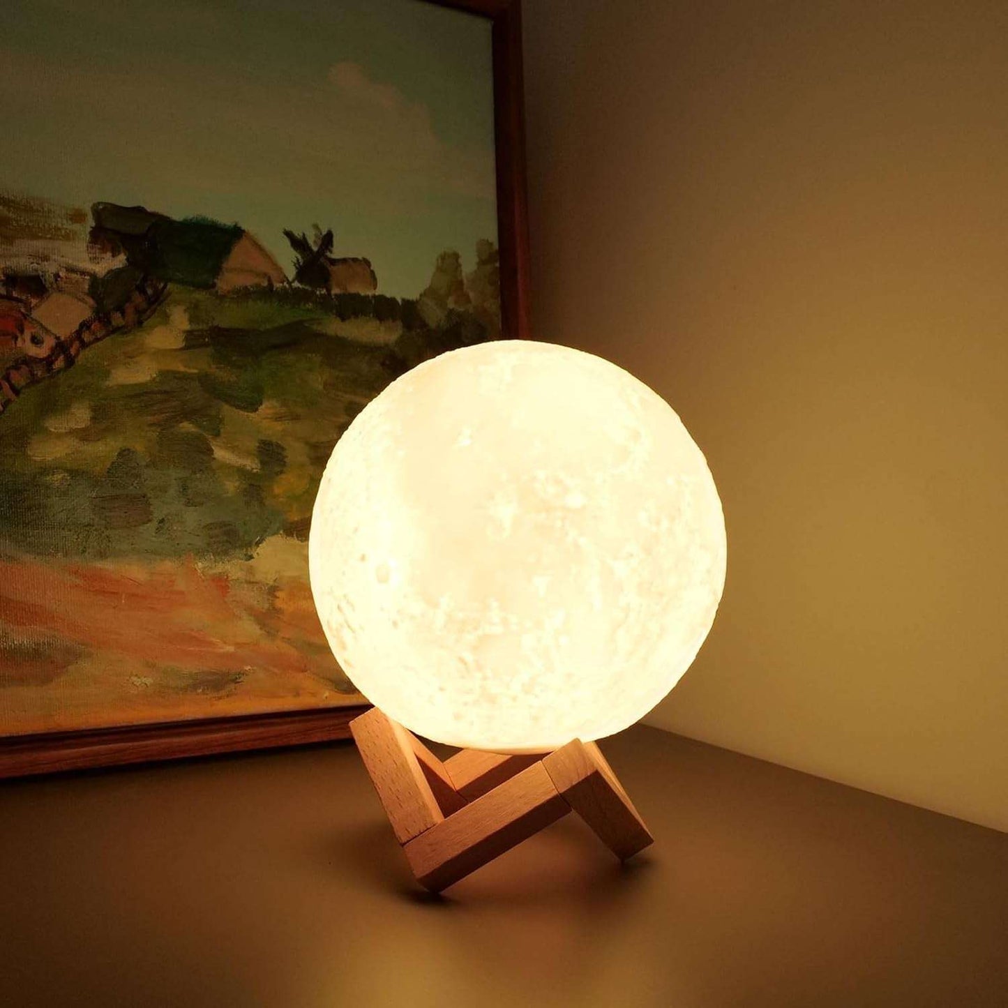 3D printed moon lamp with wooden stand glowing warm white night light for kids room decor with remote and touch control