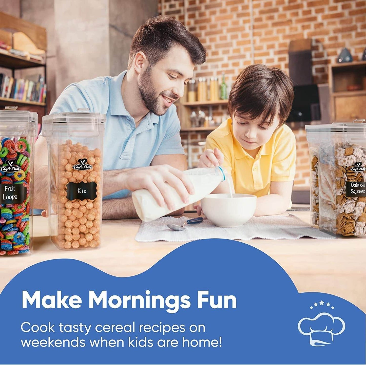 Airtight cereal storage containers set with labels and dispensers for pantry organization and freshness.
