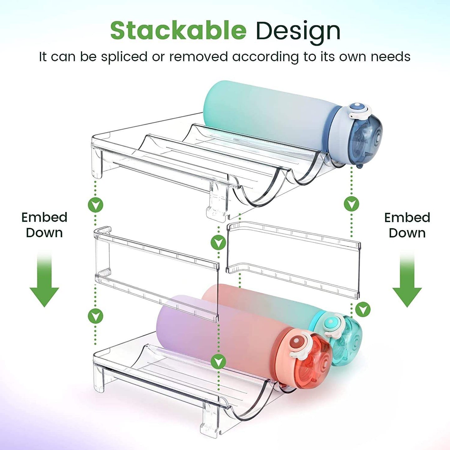 Stackable clear plastic water bottle organizer for cabinet storage with durable BPA-free design and easy installation
