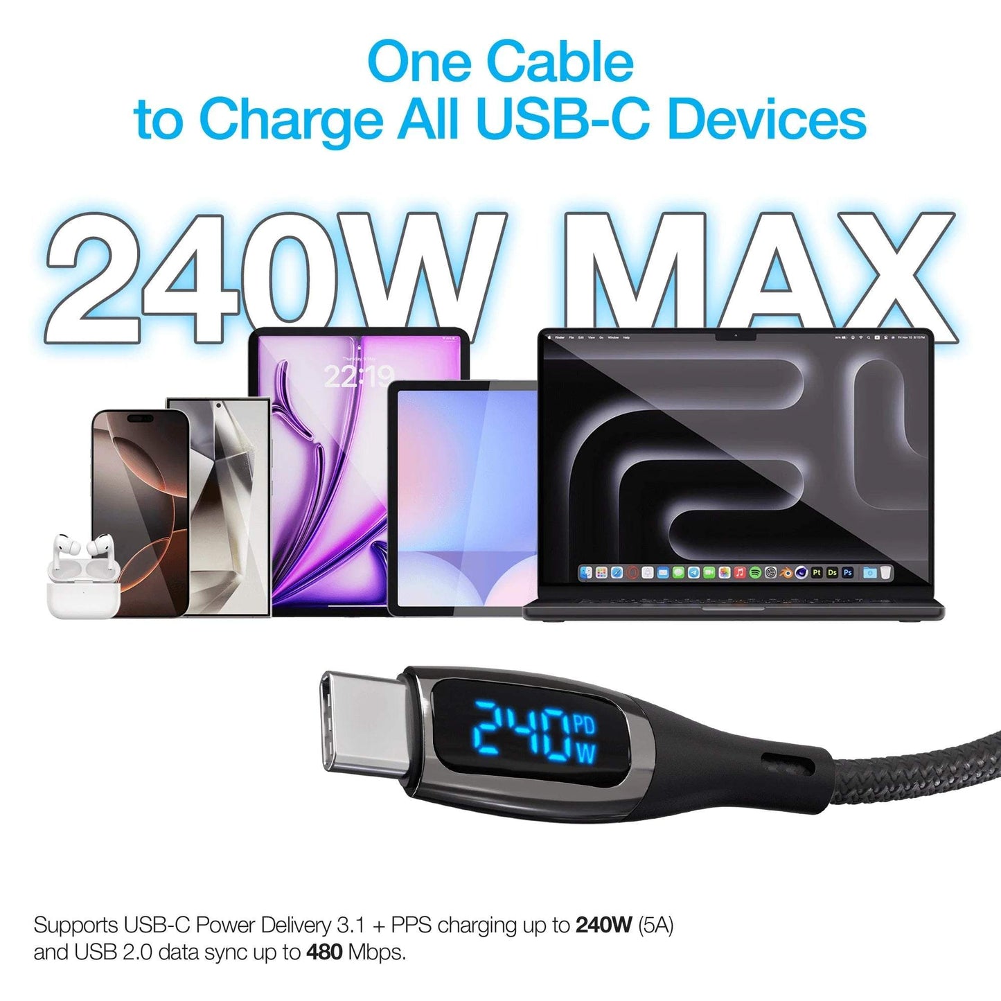 Naztech DigiWATT USB-C to USB-C LED cable 6ft with 240W power delivery and digital wattage display for fast charging and high-speed data sync