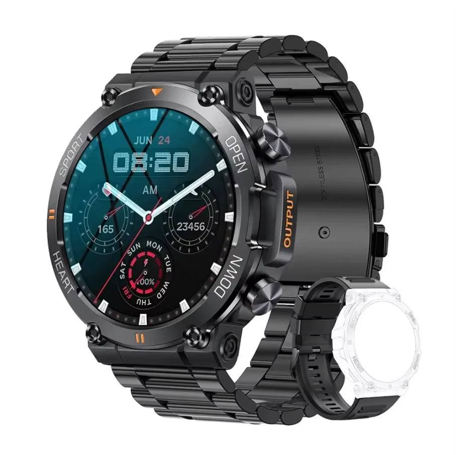 K56Pro Smart Watch for men with heart rate, blood pressure monitoring, 1.39-inch 360x360 HD screen, Bluetooth, multiple sport modes, and long 400mAh battery life in black metal strap.