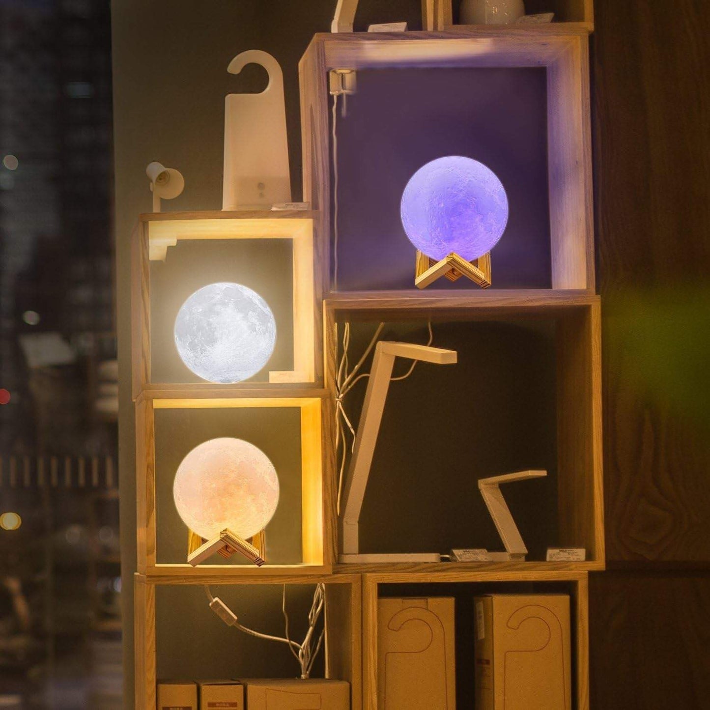 3D printed moon lamps with 16 color LED night light on wooden stands, featuring remote and touch control for kids' room decor.