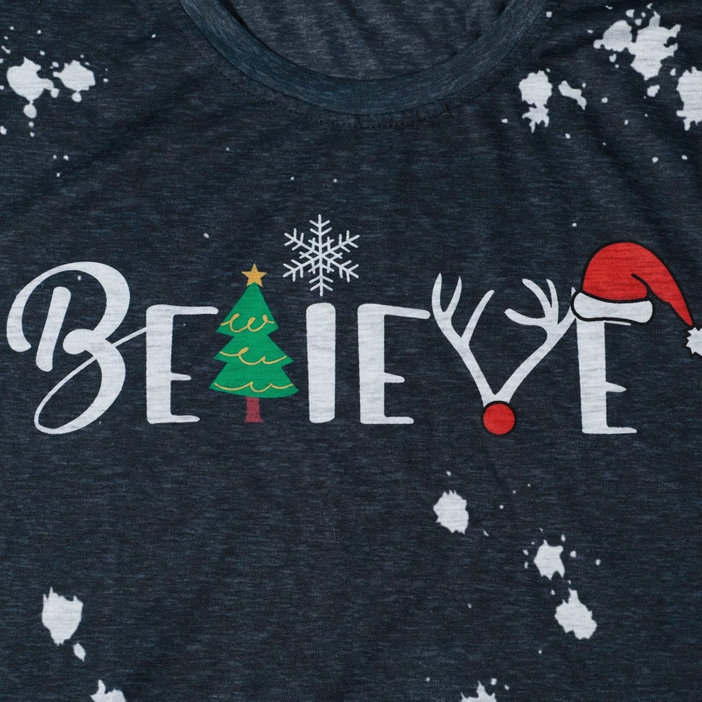 Christmas Shirt for Women Believe Letter Print T Shirts Asual Retro Holiday Short Sleeve Pullover Tops Xmas Gift