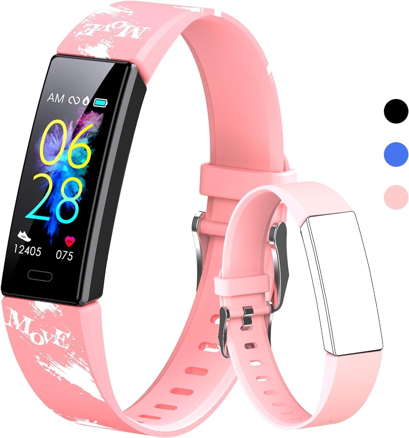 Kids fitness tracker watch with pink adjustable silicone band, colorful display, and multiple sport modes.