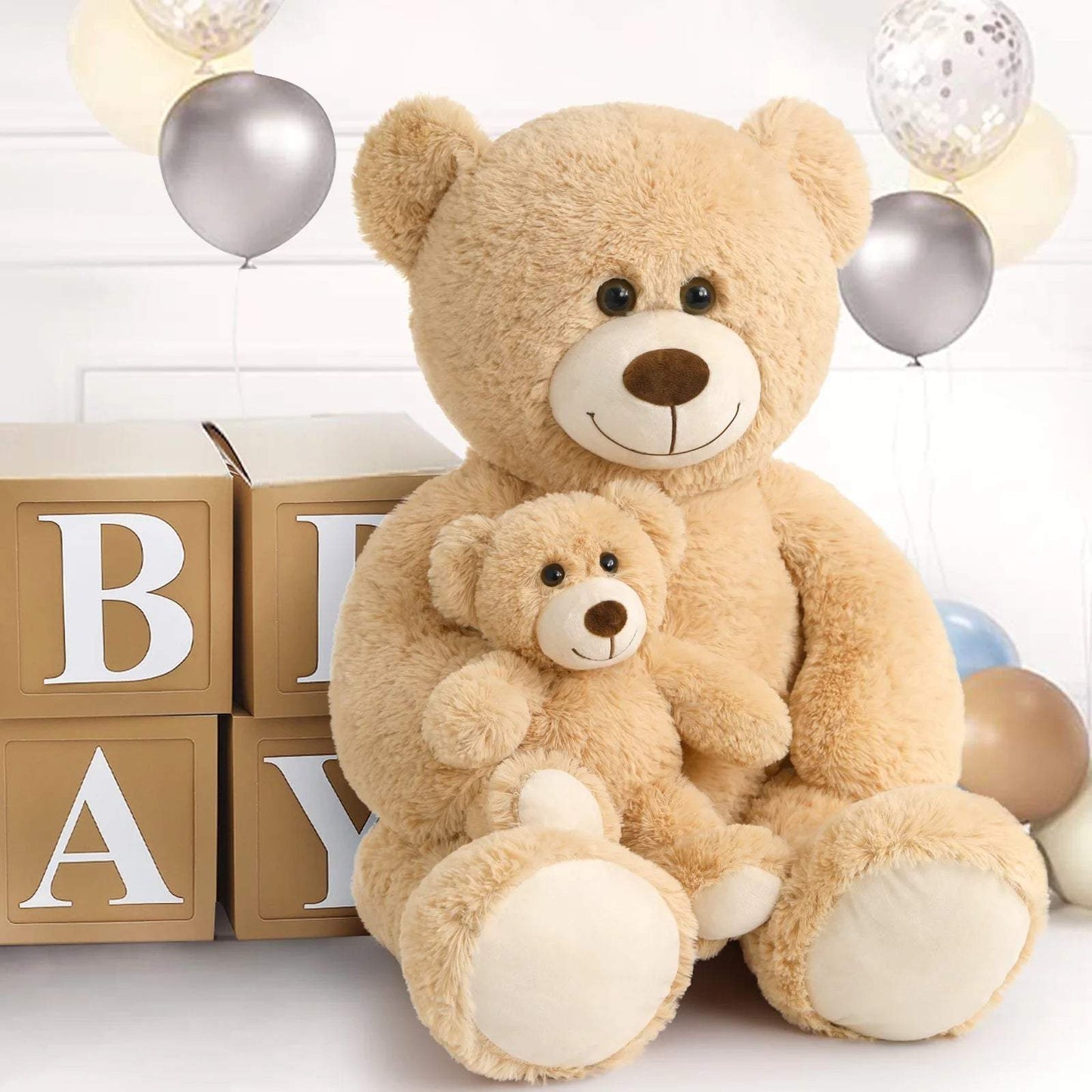 39-inch giant brown teddy bear mommy holding baby plush stuffed animal with baby shower decorations