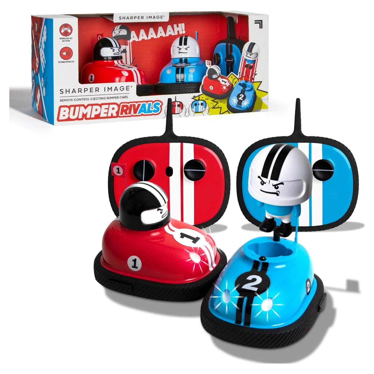 Toy RC remote control bumper cars set with ejecting drivers, wireless remotes, and sound effects in red and blue colors.