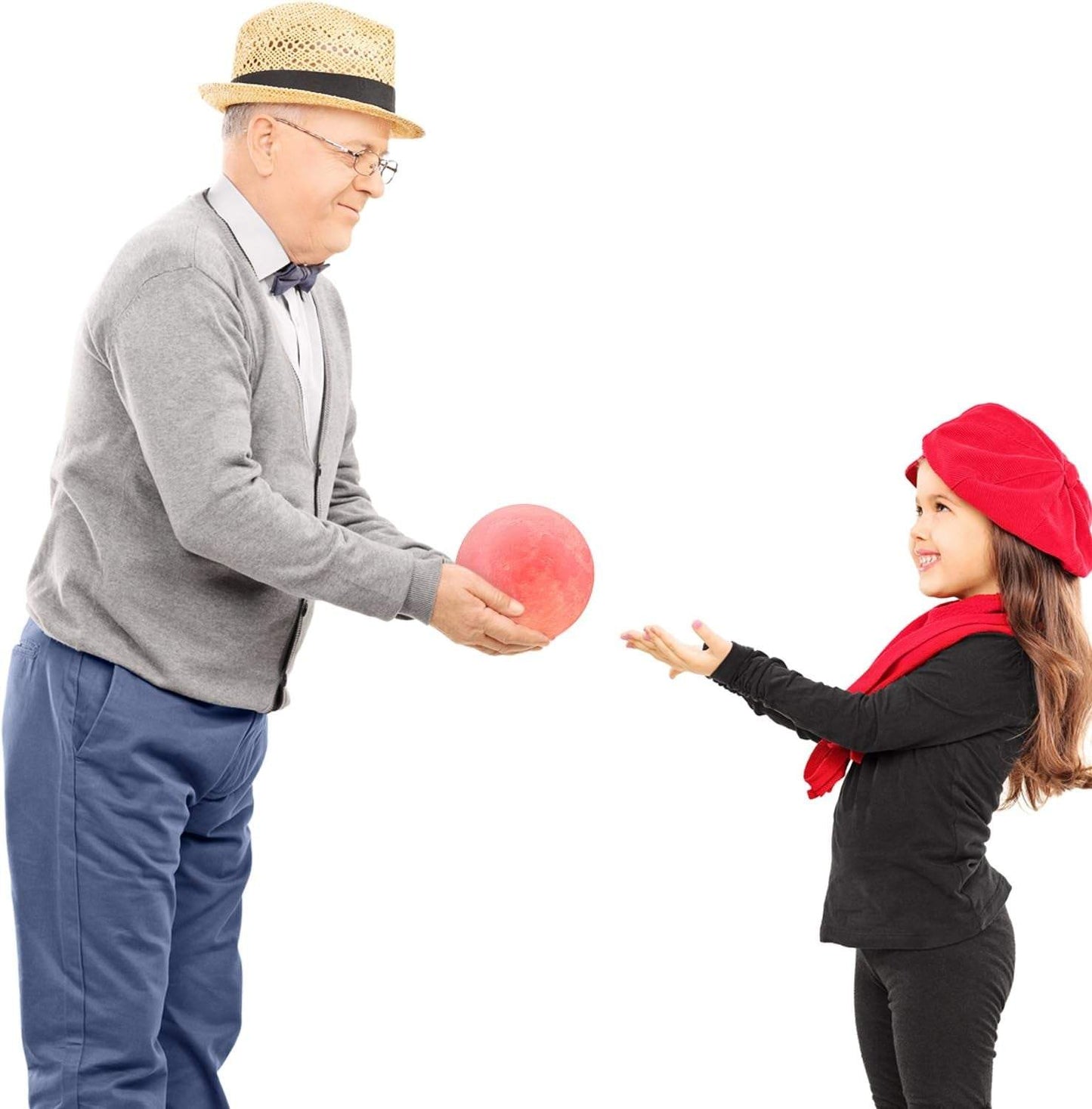 Elderly man handing a red 16-color LED 3D printed moon lamp to a smiling young girl with a red beret, showcasing a rechargeable touch and remote-controlled night light for kids.