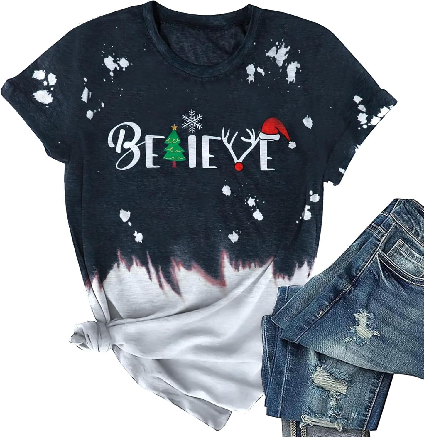 Christmas Shirt for Women Believe Letter Print T Shirts Asual Retro Holiday Short Sleeve Pullover Tops Xmas Gift