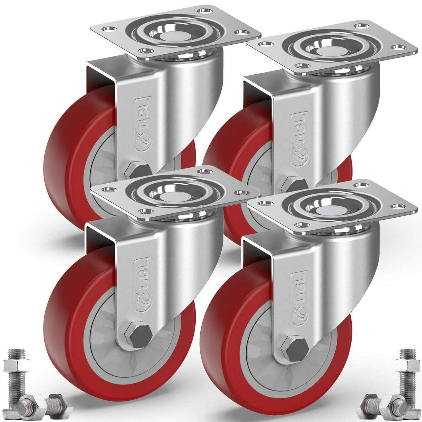 Set of 4 heavy duty 4-inch caster wheels with red rubber tires, silver metal swivel plates, and screws for furniture and trolleys, supporting up to 1320 lbs.