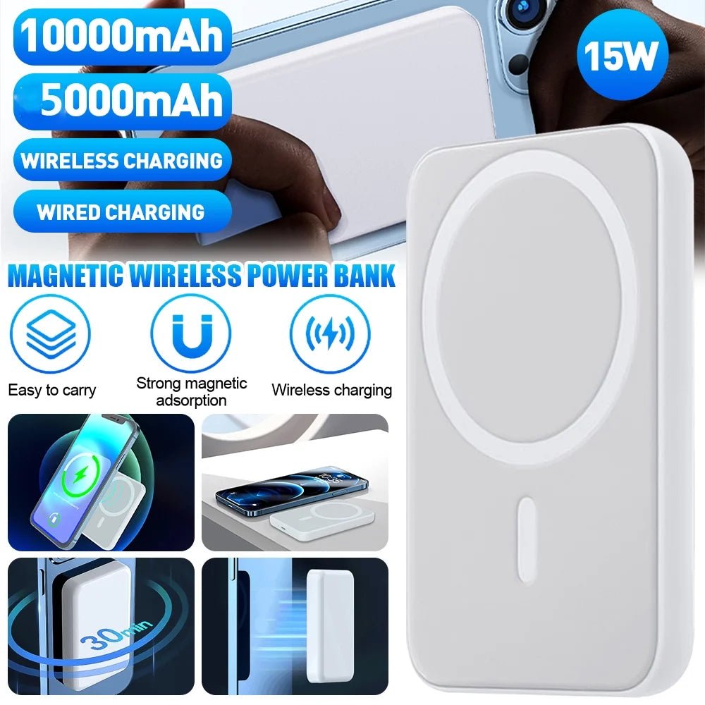 Wireless portable charger with 5000mAh and 10000mAh capacity, magnetic wireless power bank for iPhone 12/13/14 series, 15W fast charging, compact and easy to carry.