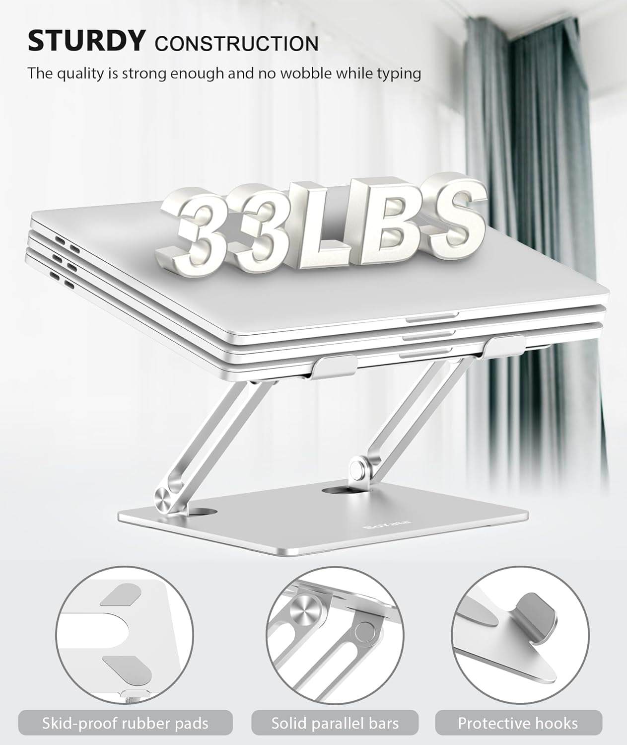 Adjustable sturdy metal laptop stand with skid-proof rubber pads, protective hooks, supporting up to 33 lbs for ergonomic use and heat ventilation.