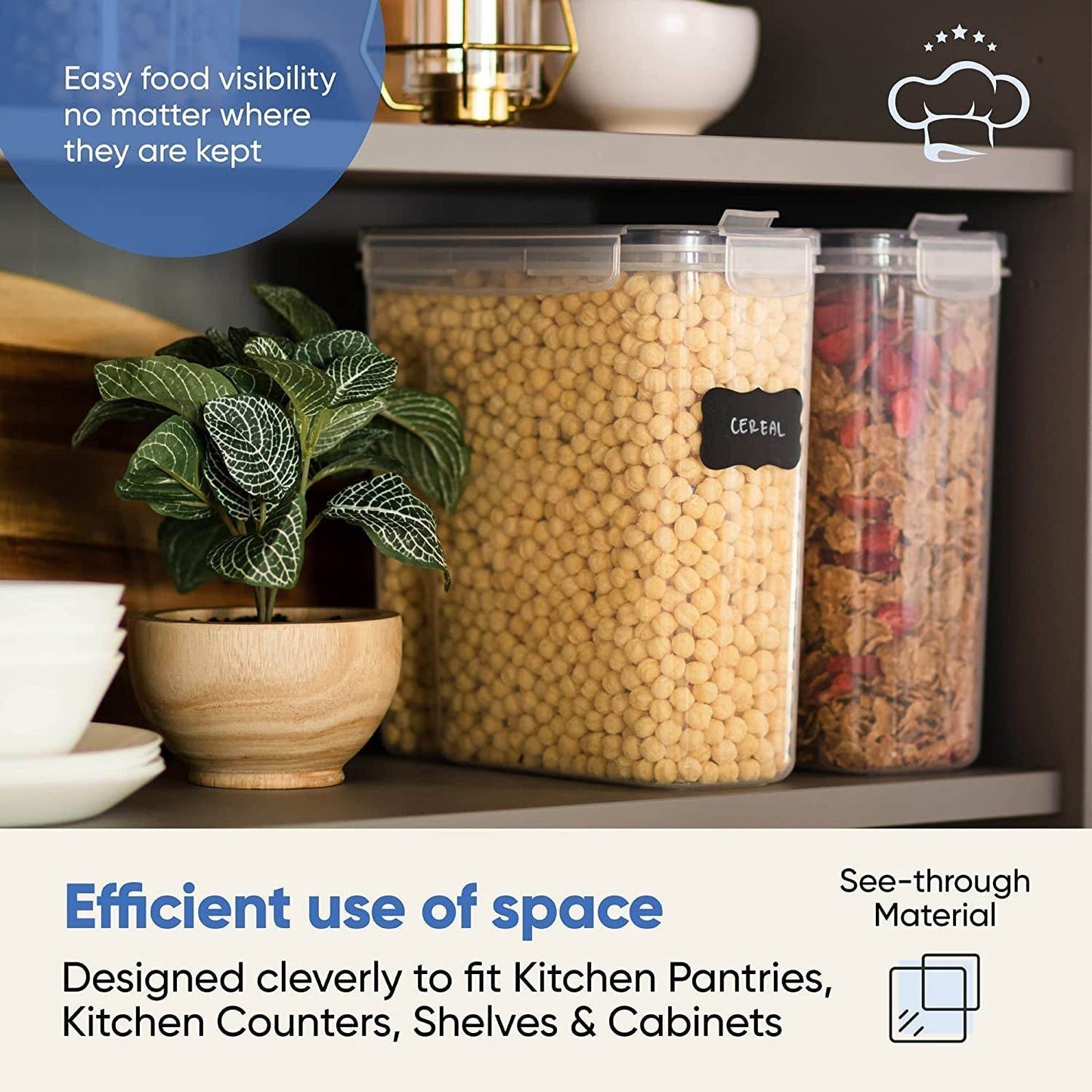 Set of four large airtight food storage containers for cereal and pantry organization, stackable with see-through design and secure locking lids