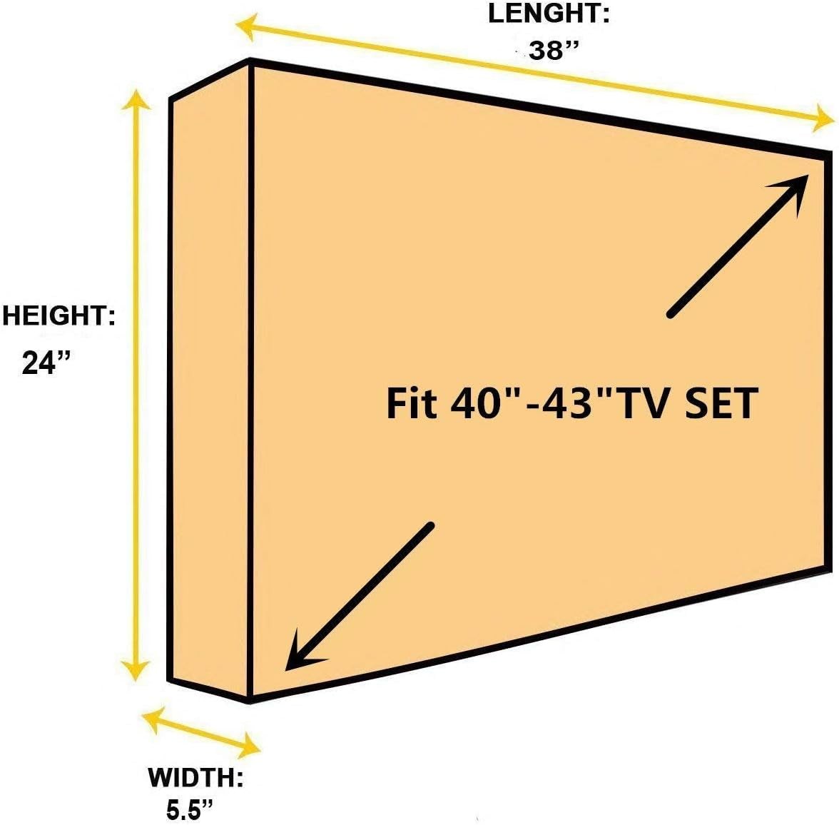 Outdoor 40"-43" TV set cover with waterproof fabric and scratch-resistant liner, fits TVs 39"W x 24"D x 5.5"H, black.