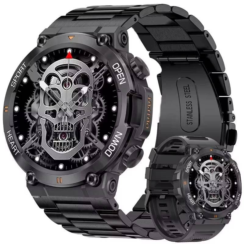 K56Pro Smart Watch for men with skull gear design, stainless steel band, heart rate monitor, Bluetooth, 1.39-inch HD screen, and multiple sport modes
