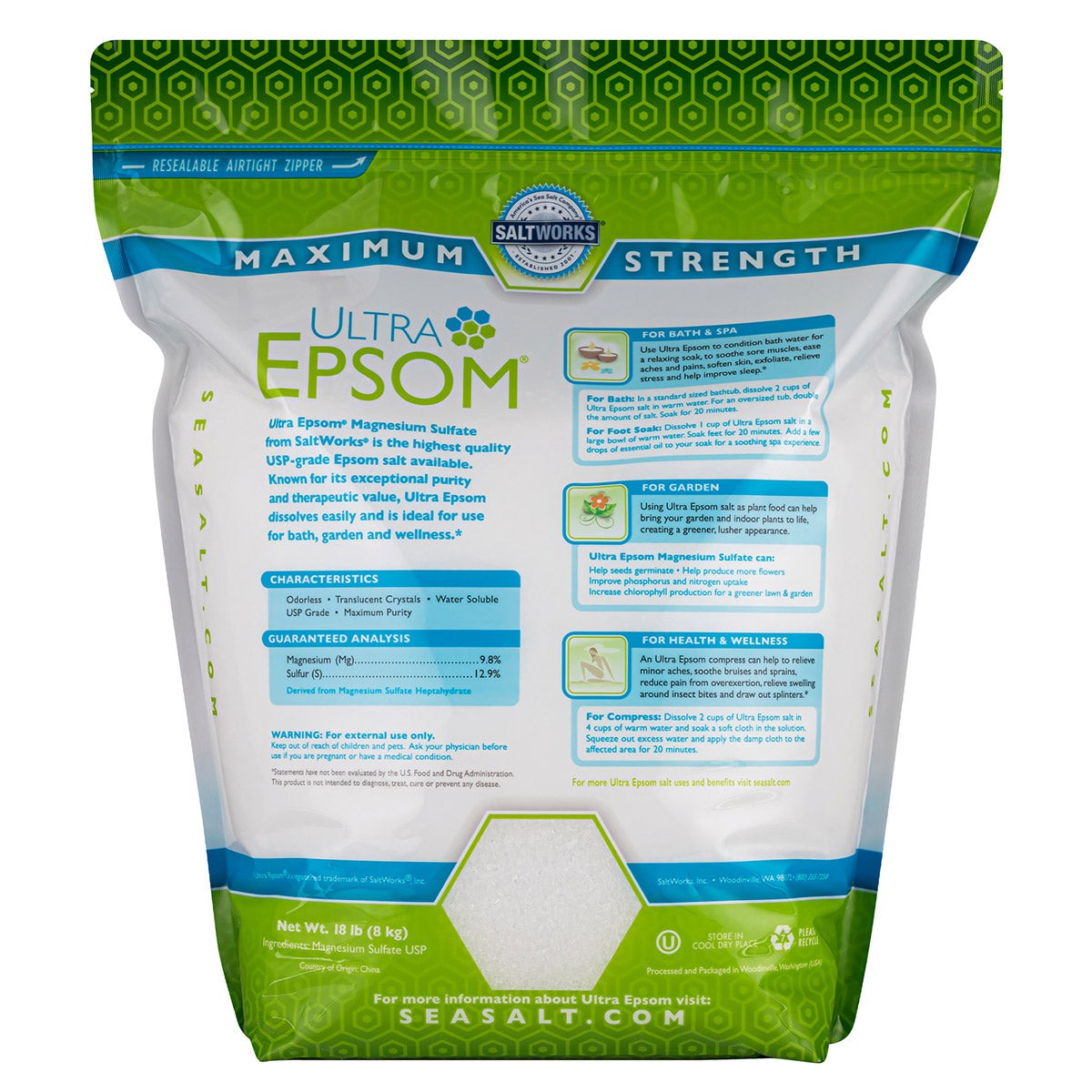 18-pound bag of Ultra Epsom Unscented Bath Salt by SaltWorks, medium grain, USP-grade magnesium sulfate for soothing muscle pain and relaxing baths