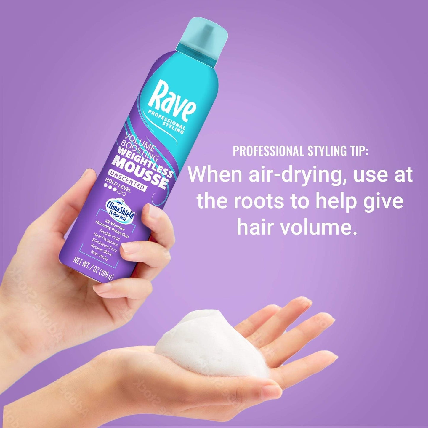 Hand holding Rave Volume Boosting Weightless Mousse bottle and foam with professional hair volume styling tip text on purple background