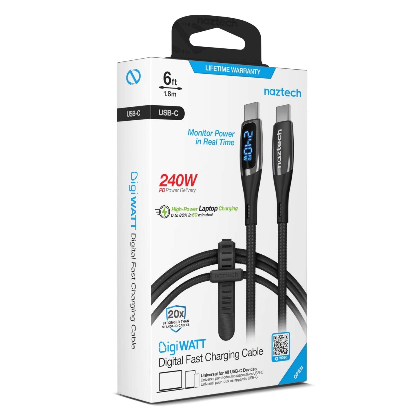 Naztech DigiWATT USB-C to USB-C 6ft braided digital fast charging cable with LED wattage meter and 240W power delivery